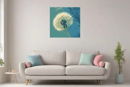 Bold graphic dandelion seedhead in cream and teal tones