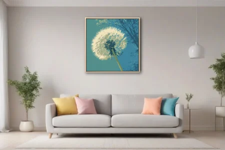 Bold graphic dandelion seedhead in cream and teal tones