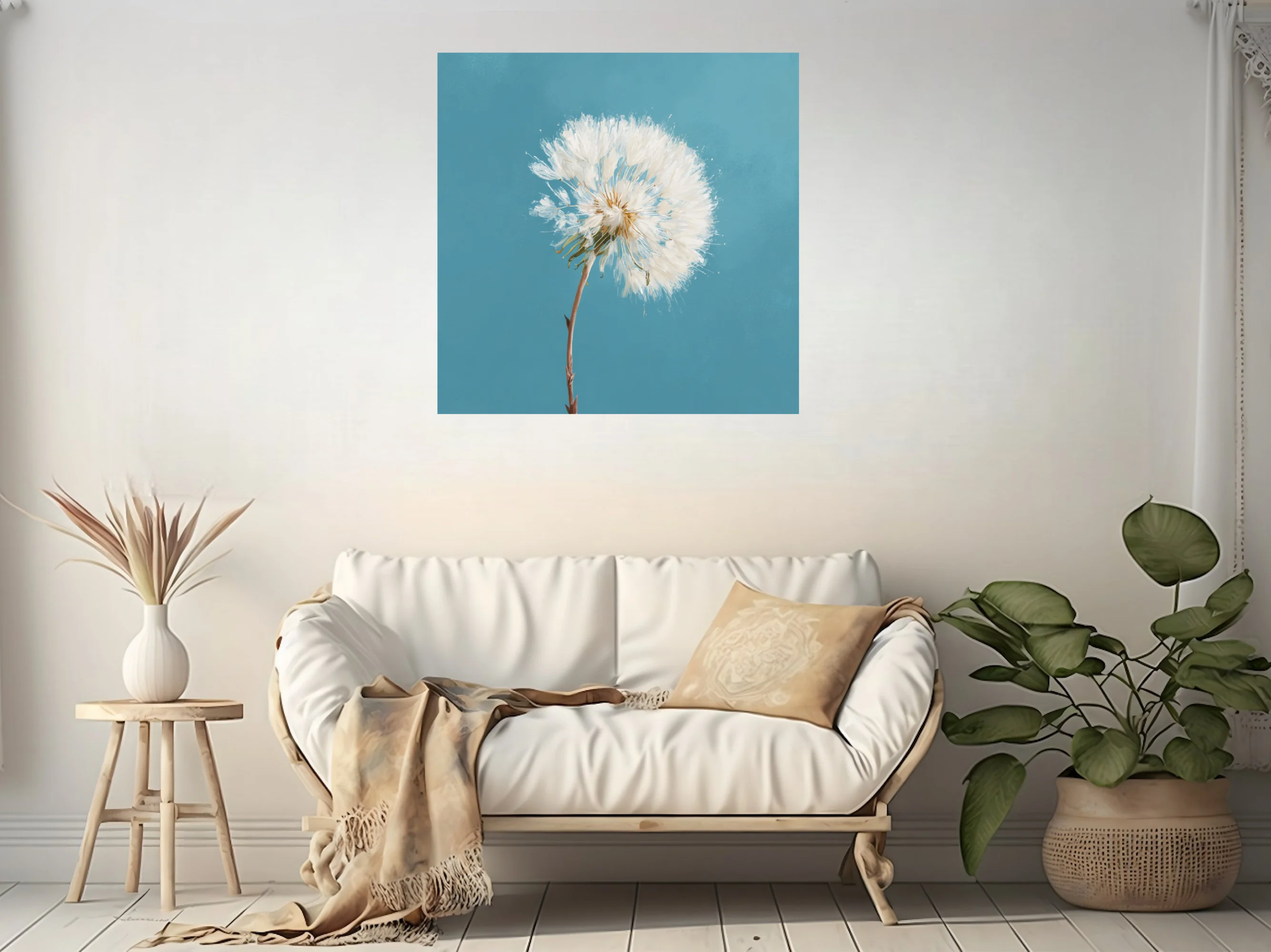Dandelion seedhead painting, white on teal blue background, painterly texture