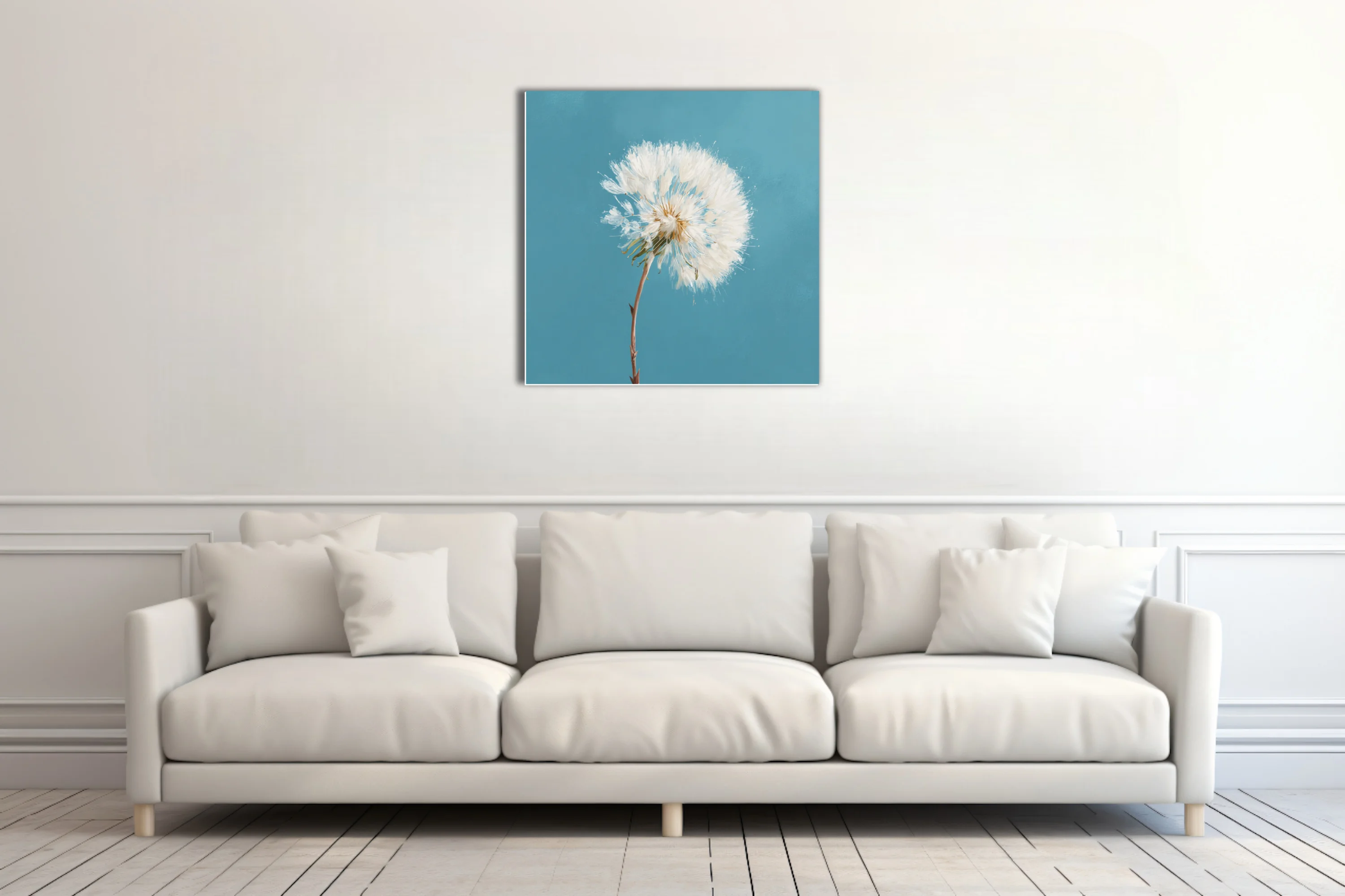 Dandelion seedhead painting, white on teal blue background, painterly texture