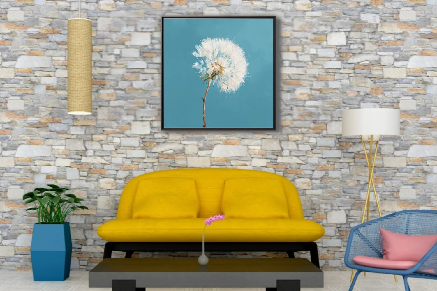 Dandelion seedhead painting, white on teal blue background, painterly texture