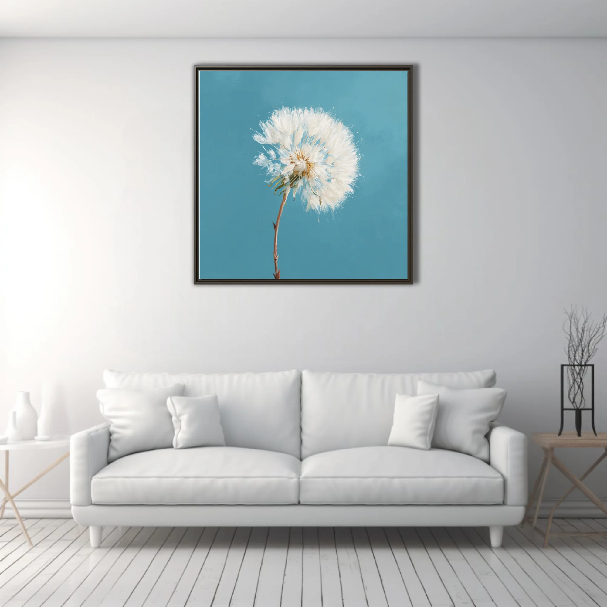 Dandelion seedhead painting, white on teal blue background, painterly texture