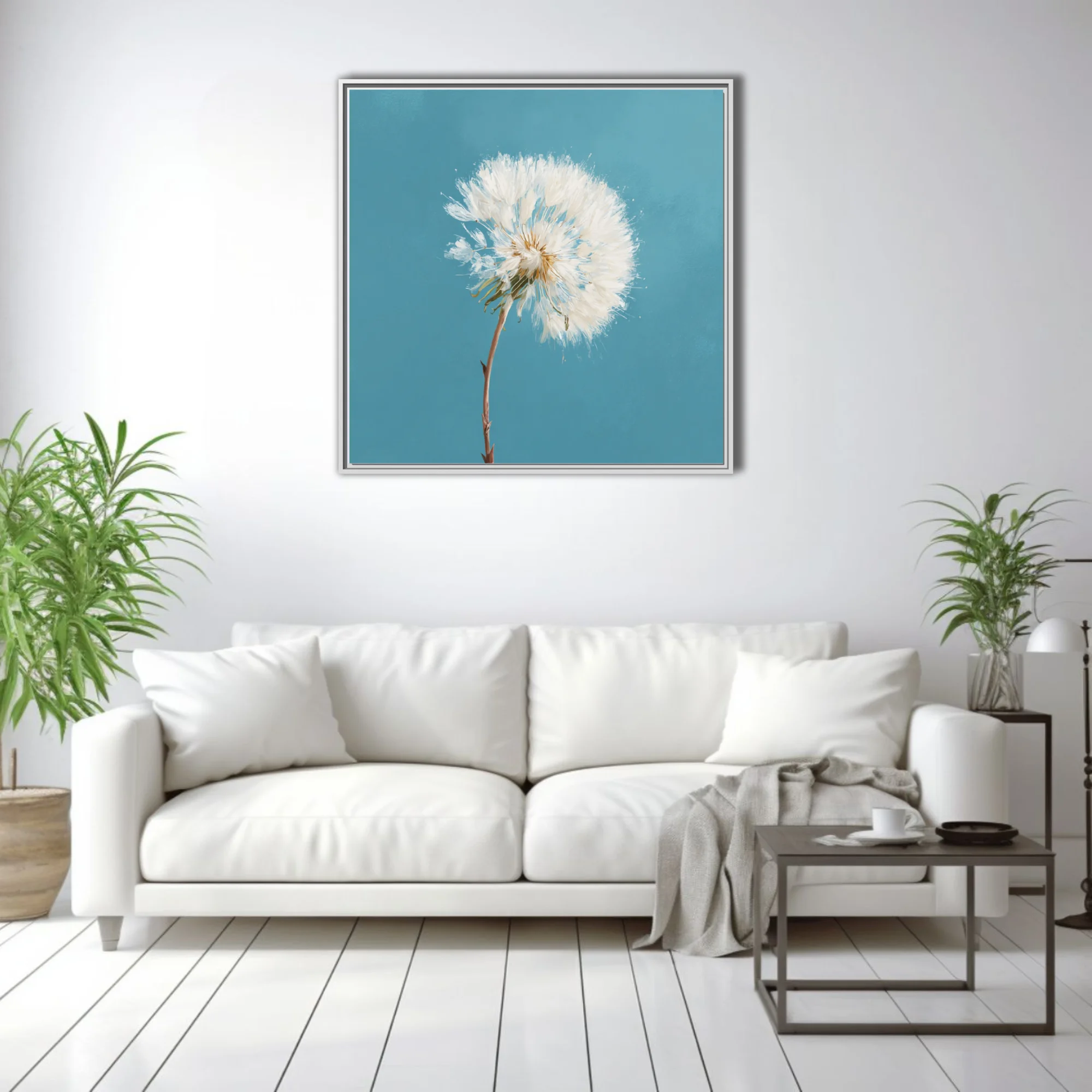 Dandelion seedhead painting, white on teal blue background, painterly texture