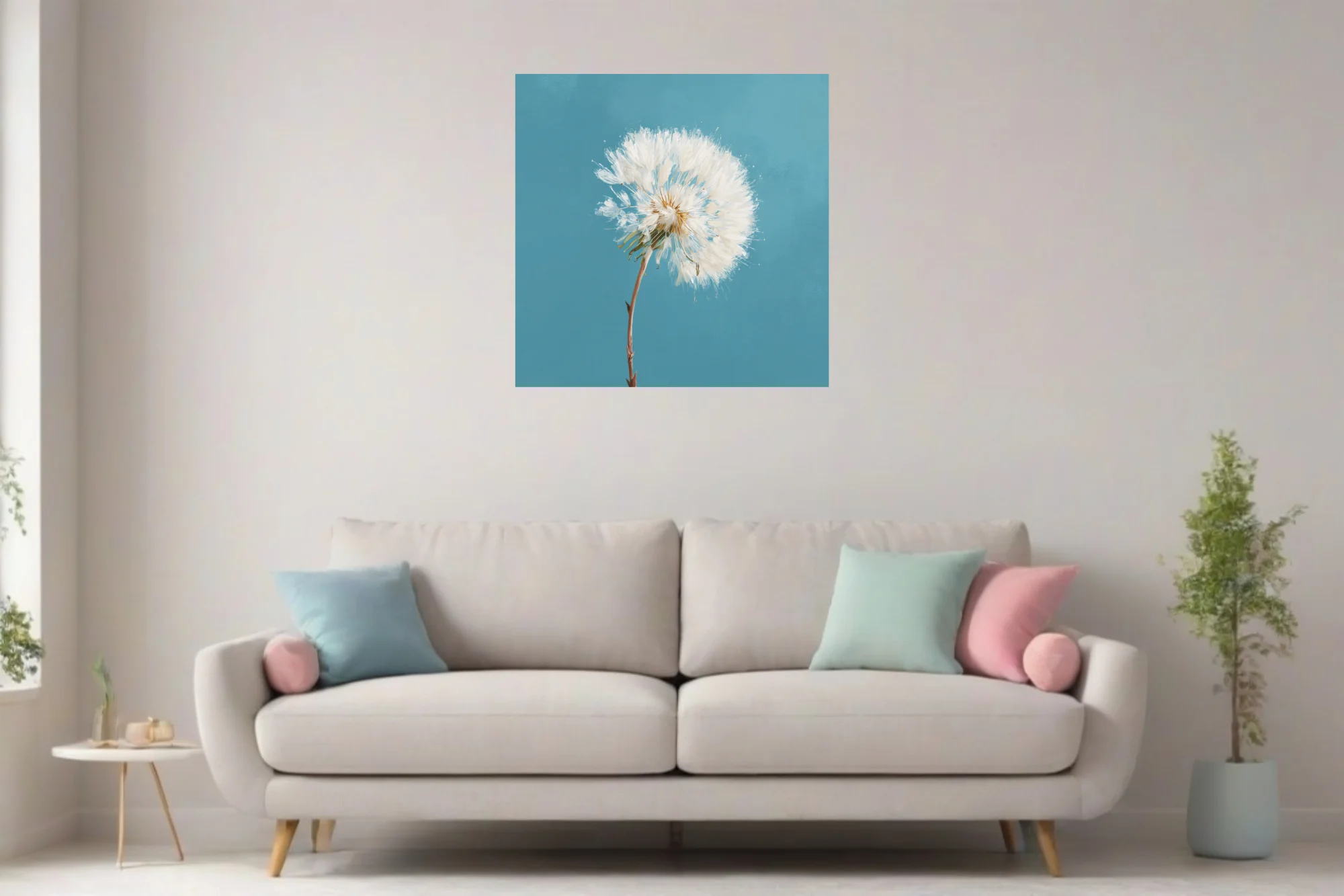 Dandelion seedhead painting, white on teal blue background, painterly texture