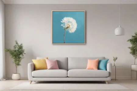 Dandelion seedhead painting, white on teal blue background, painterly texture