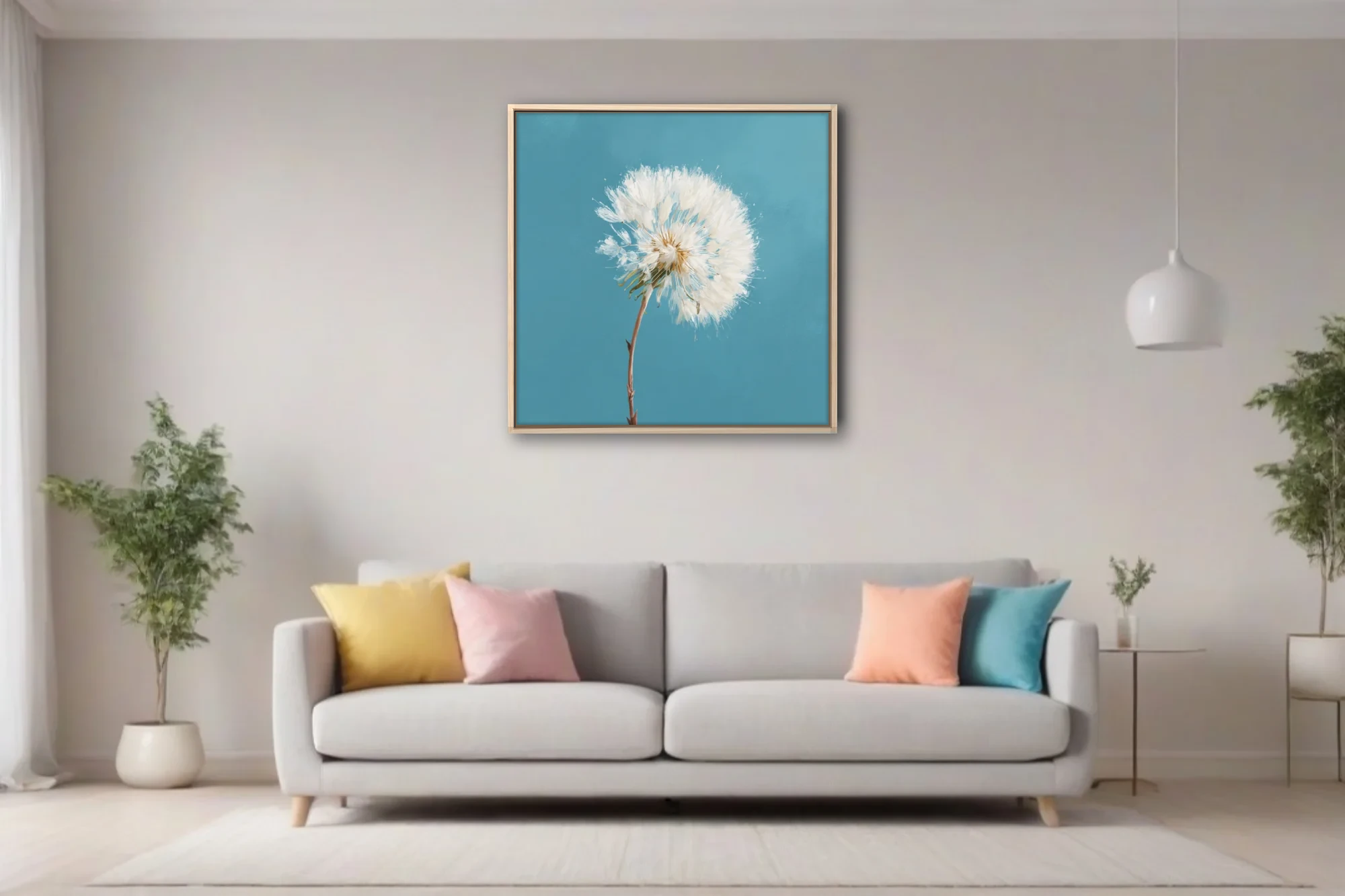 Dandelion seedhead painting, white on teal blue background, painterly texture