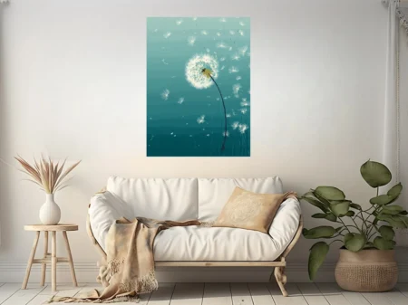 Teal graphic illustration of dandelion seeds drifting in the wind