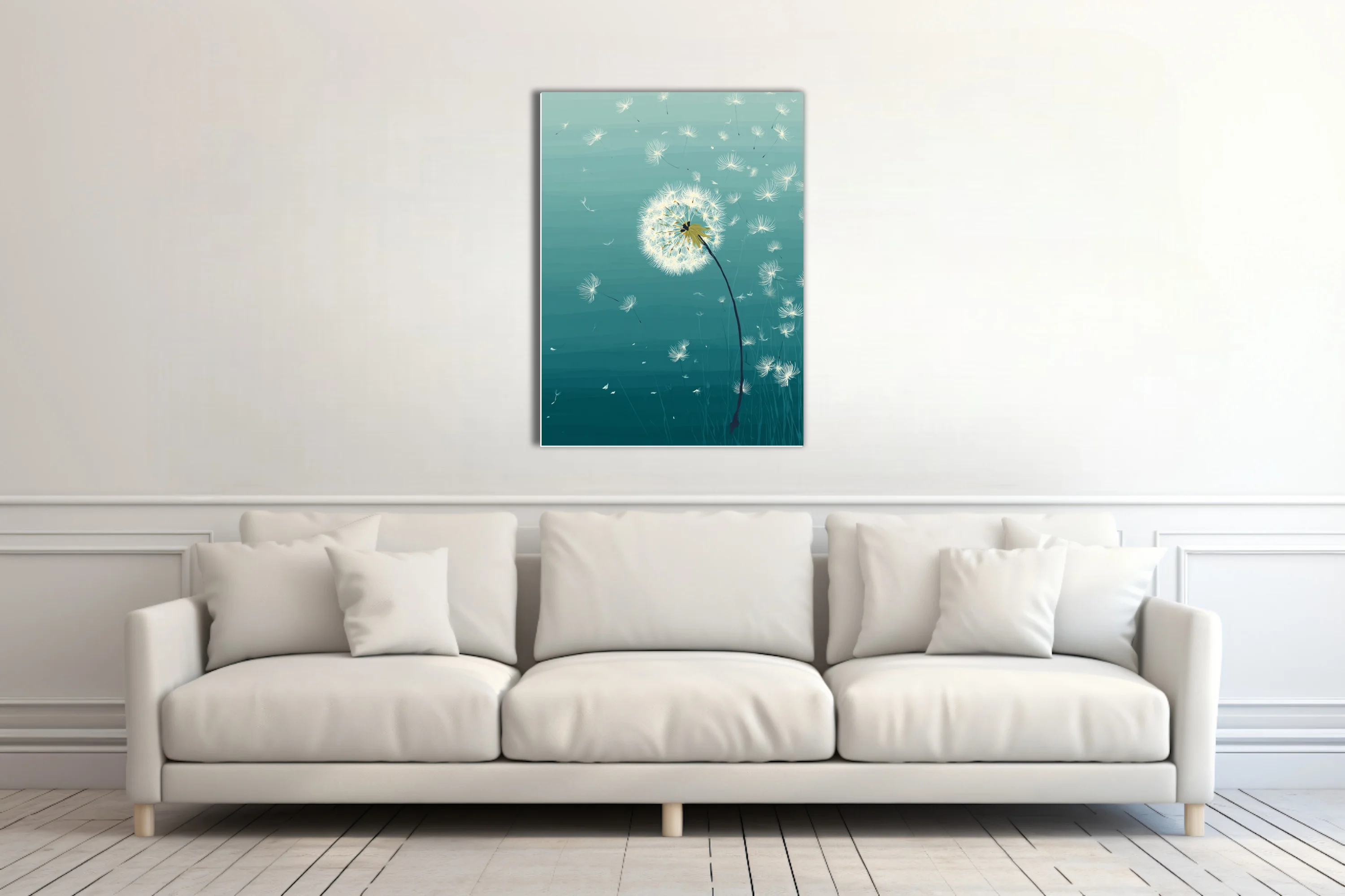 Teal graphic illustration of dandelion seeds drifting in the wind