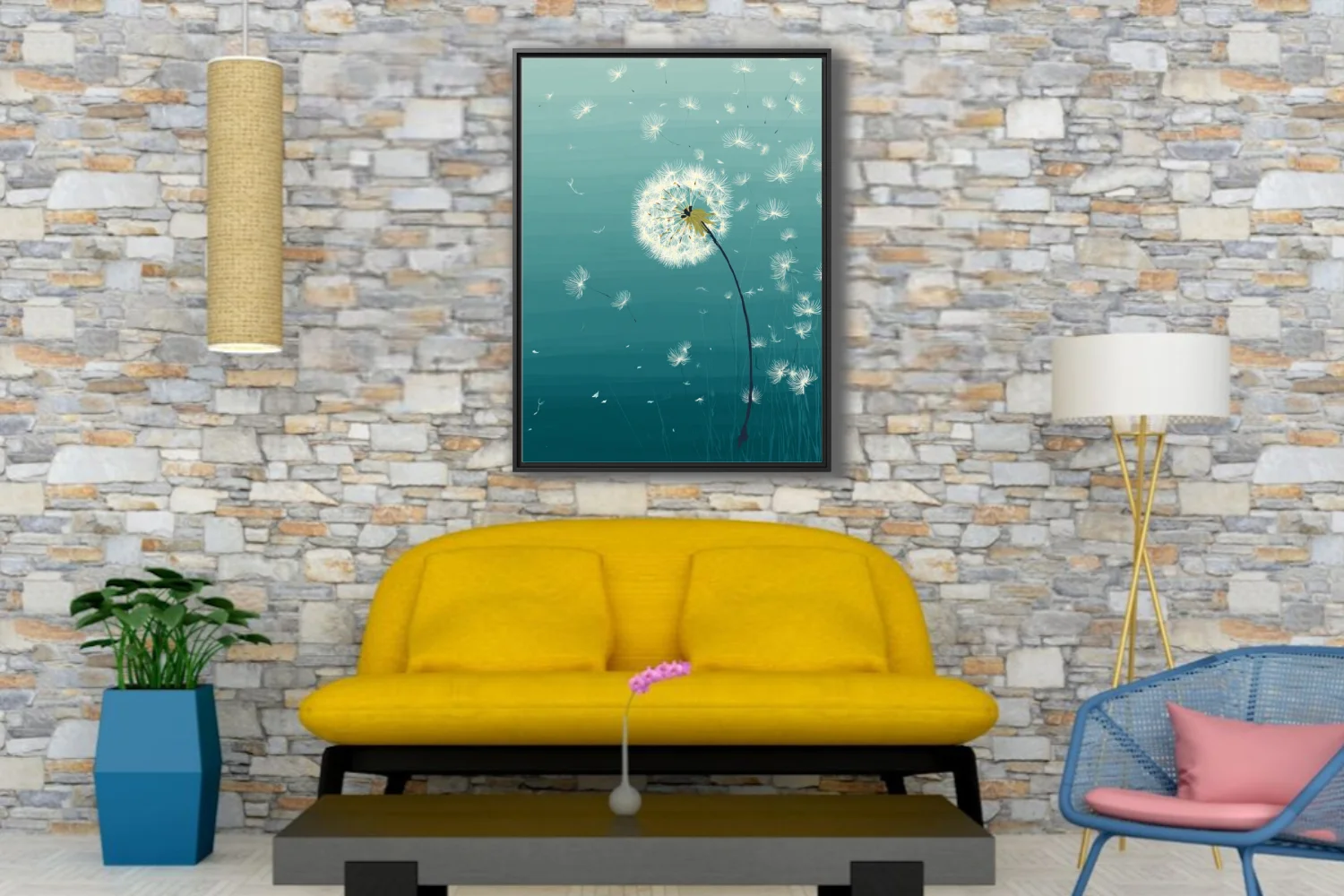 Teal graphic illustration of dandelion seeds drifting in the wind