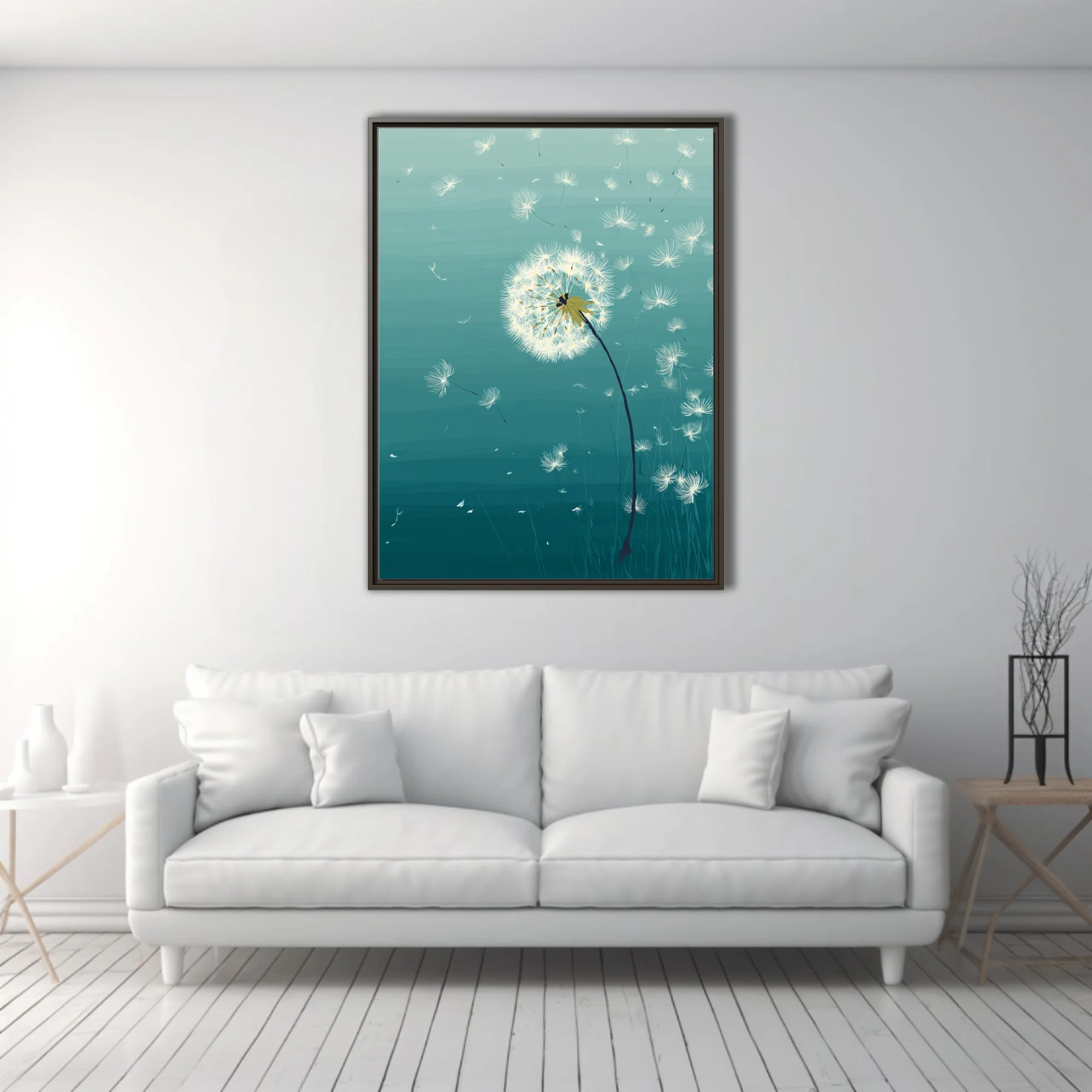 Teal graphic illustration of dandelion seeds drifting in the wind