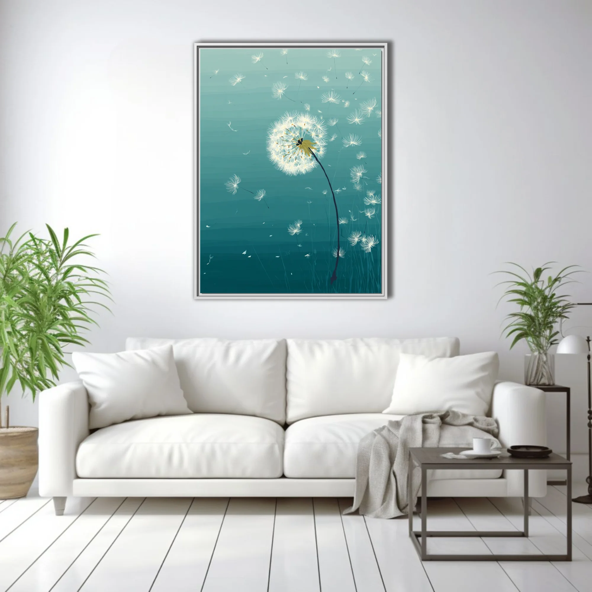 Teal graphic illustration of dandelion seeds drifting in the wind