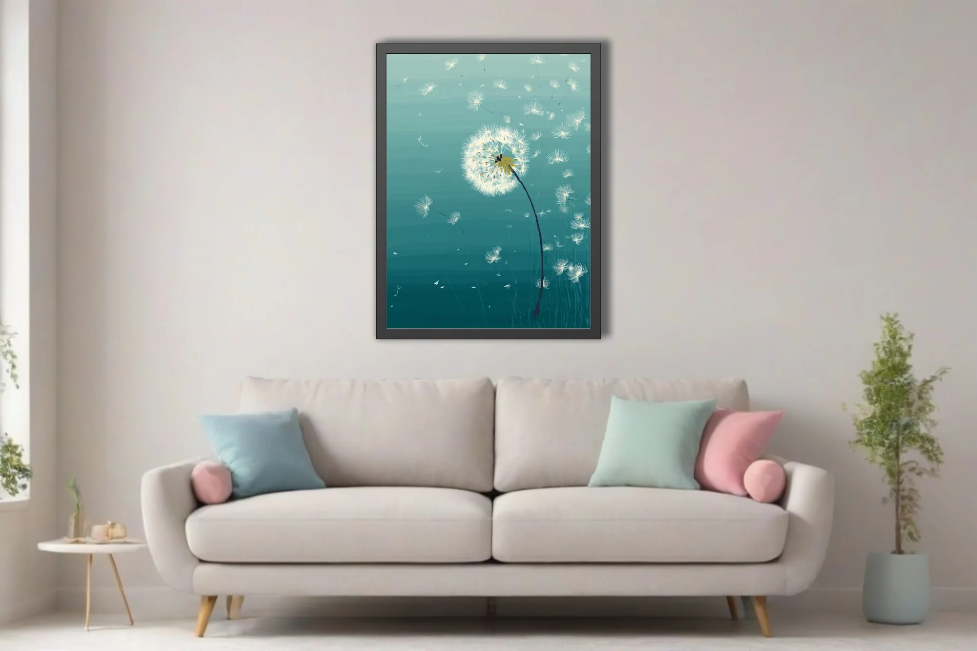 Teal graphic illustration of dandelion seeds drifting in the wind