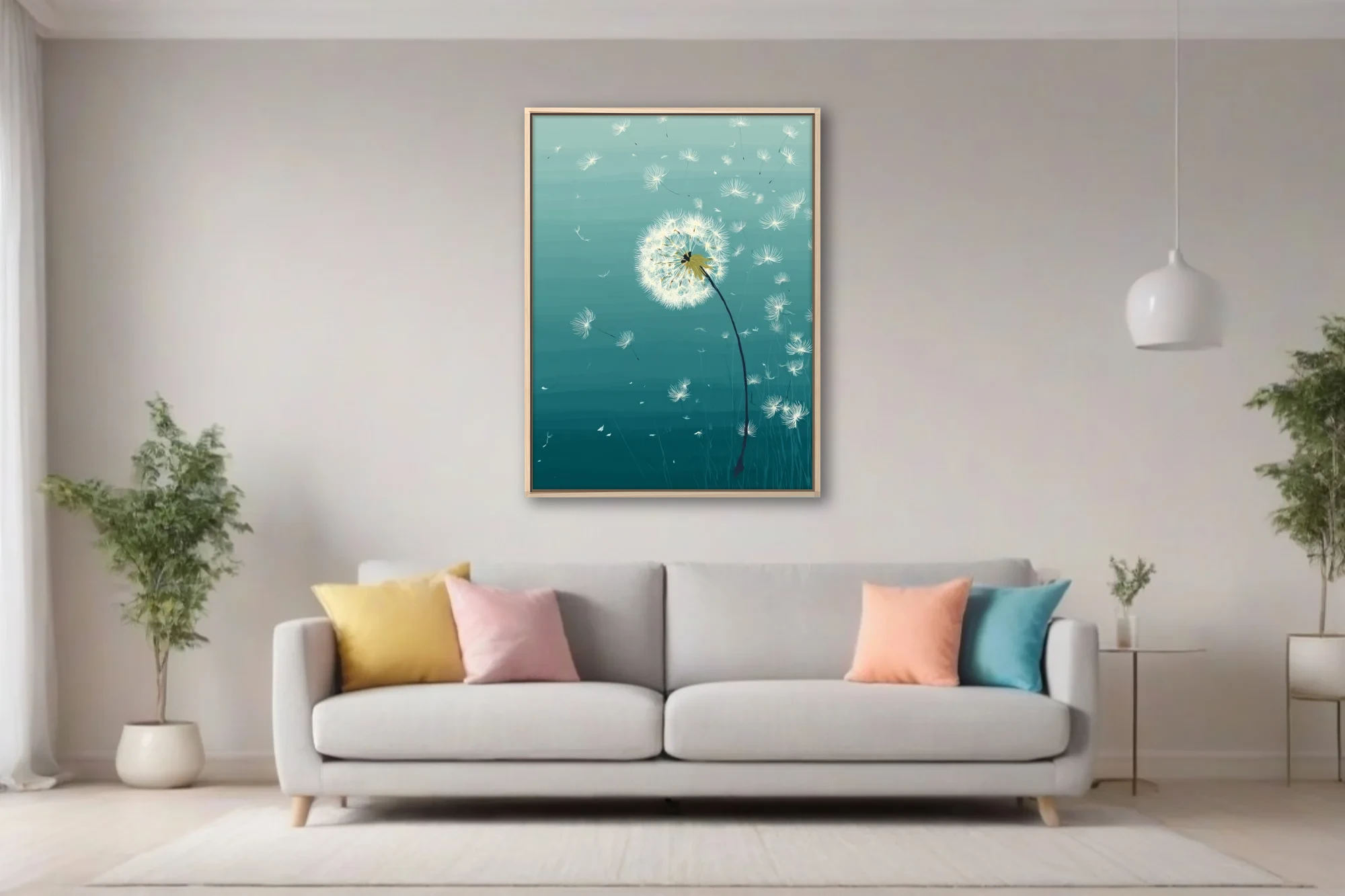 Teal graphic illustration of dandelion seeds drifting in the wind