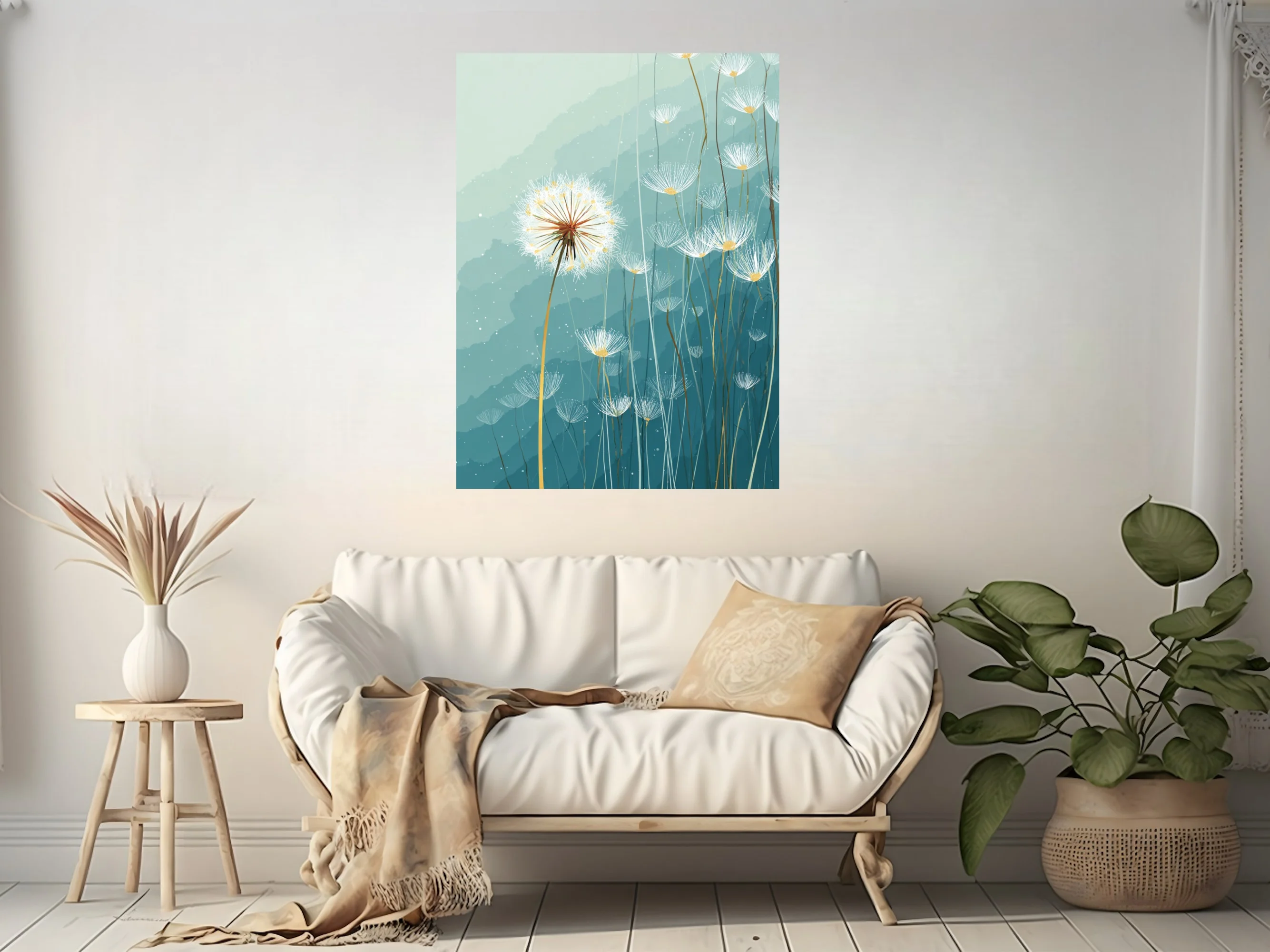 Abstract dandelion seed heads illustration, teal watercolor-style washes, delicate white linework