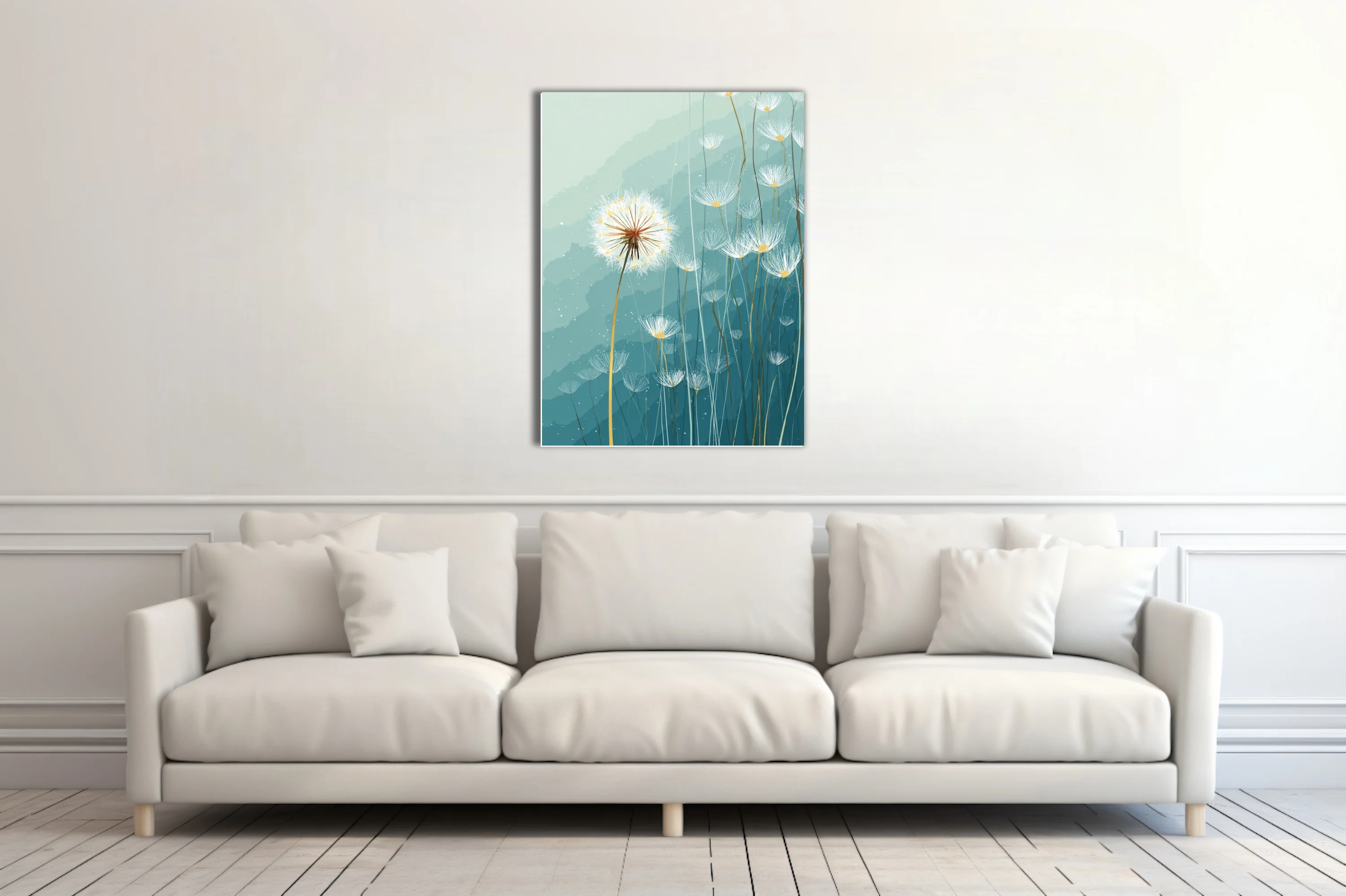 Abstract dandelion seed heads illustration, teal watercolor-style washes, delicate white linework