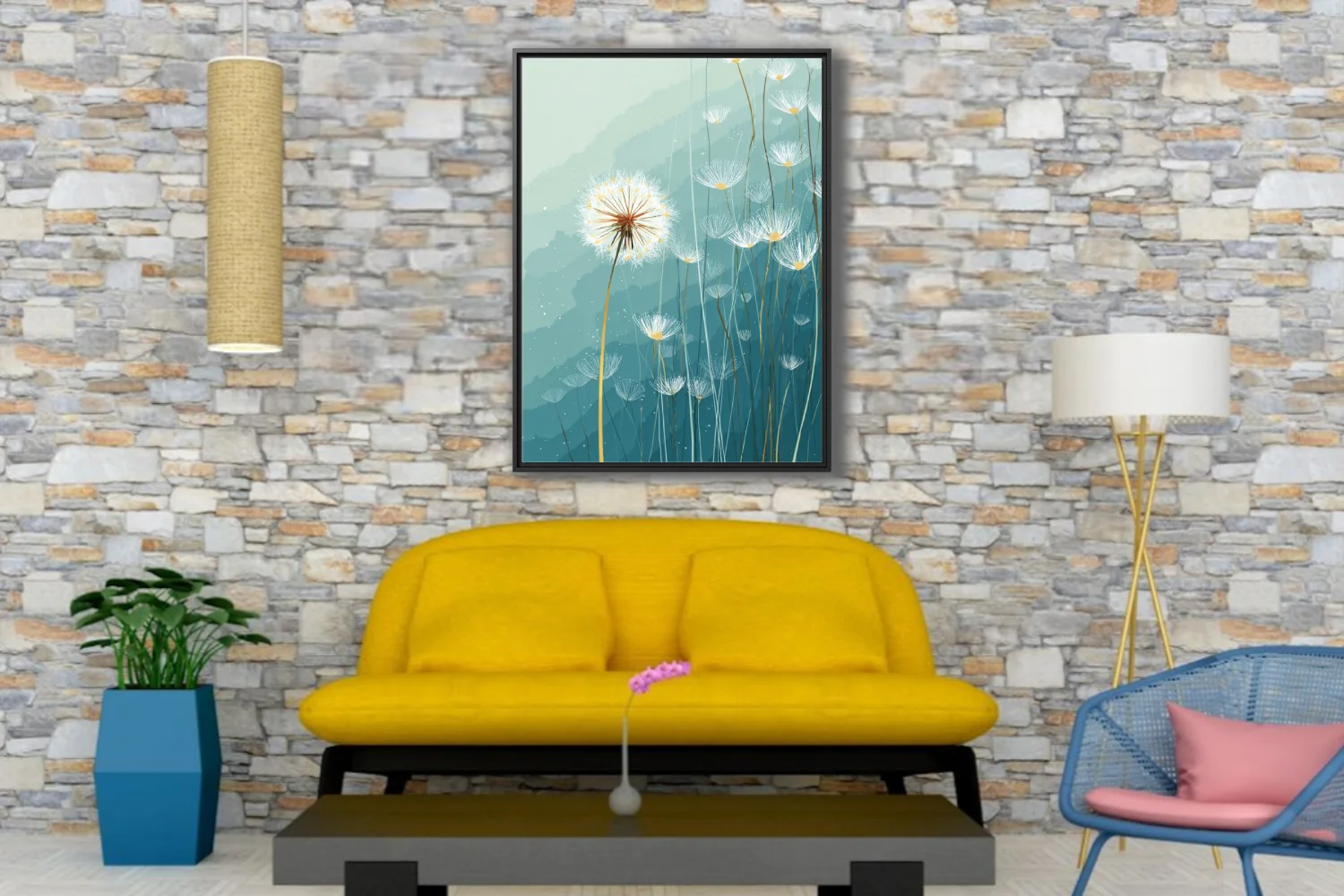 Abstract dandelion seed heads illustration, teal watercolor-style washes, delicate white linework