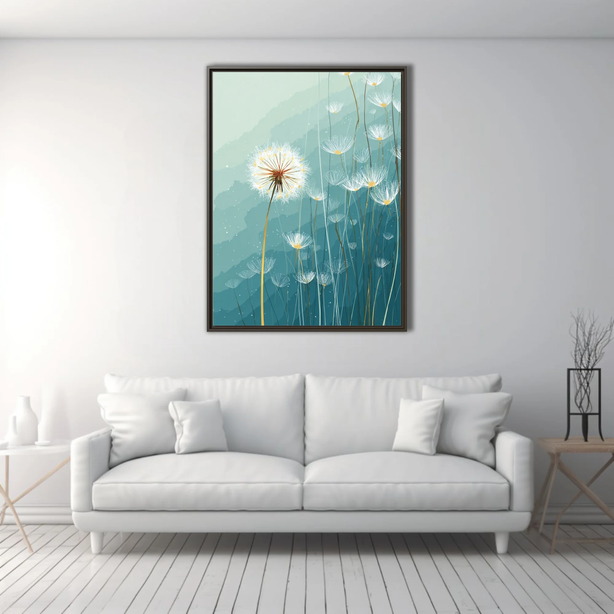 Abstract dandelion seed heads illustration, teal watercolor-style washes, delicate white linework