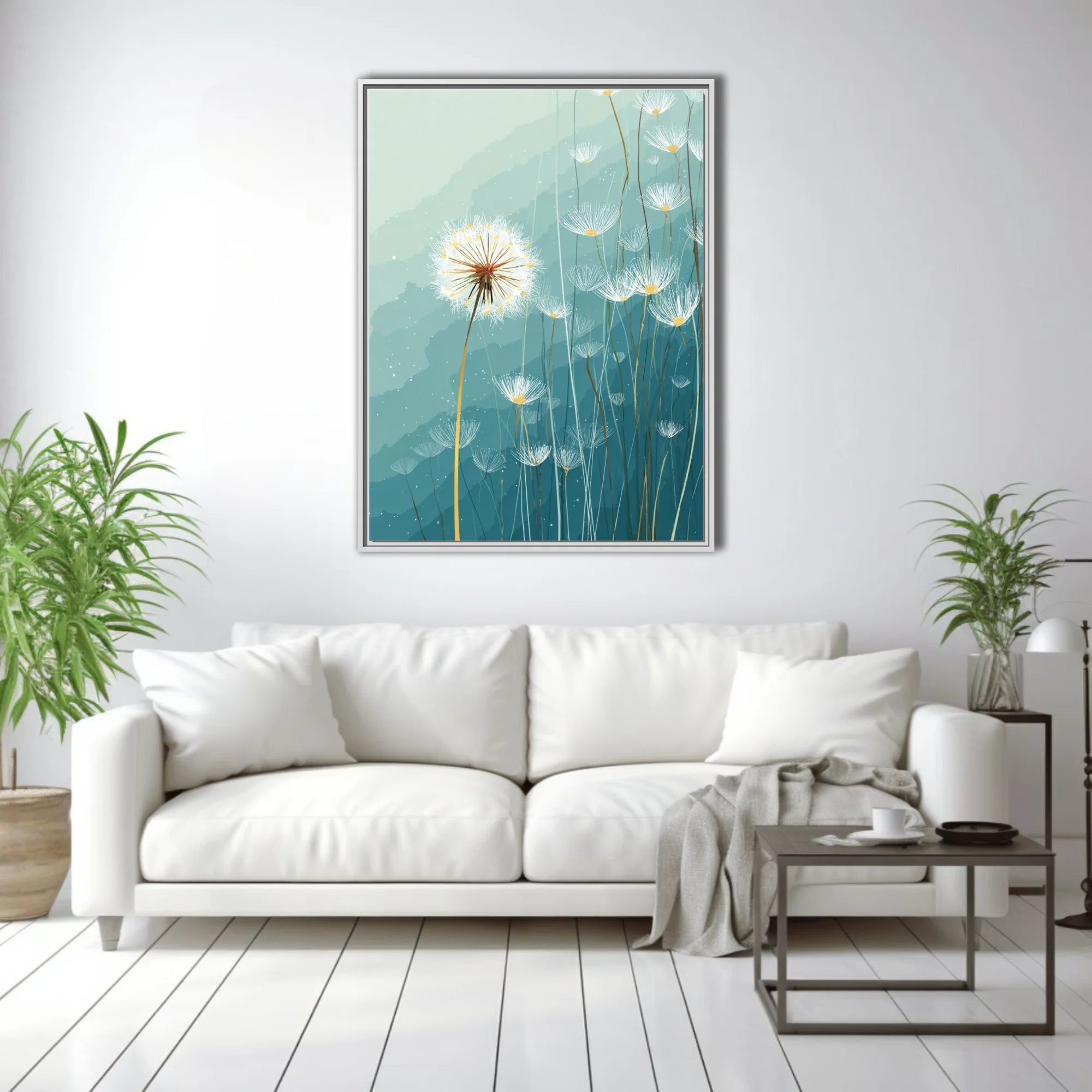 Abstract dandelion seed heads illustration, teal watercolor-style washes, delicate white linework