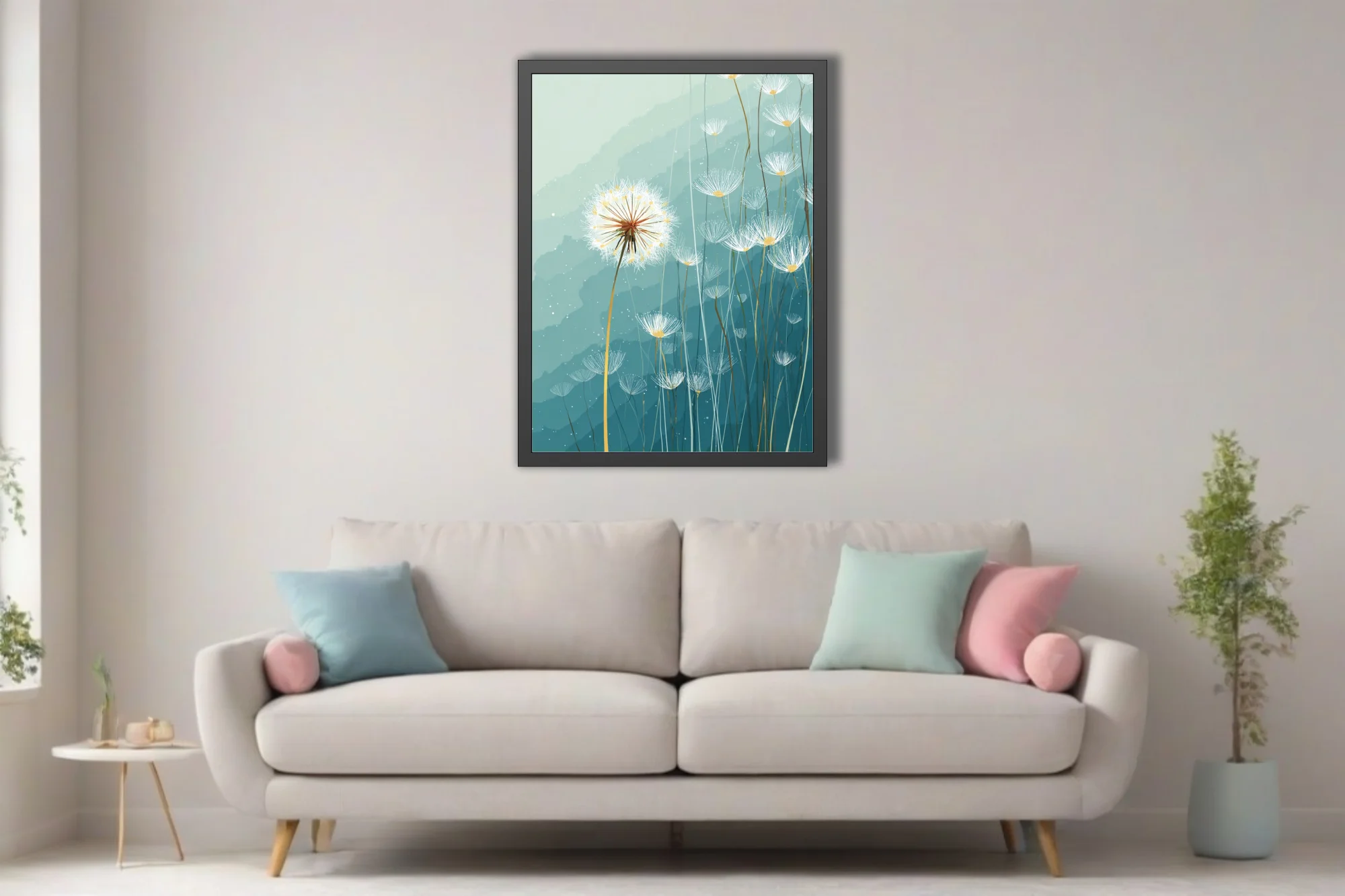 Abstract dandelion seed heads illustration, teal watercolor-style washes, delicate white linework