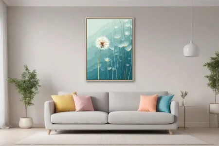 Abstract dandelion seed heads illustration, teal watercolor-style washes, delicate white linework
