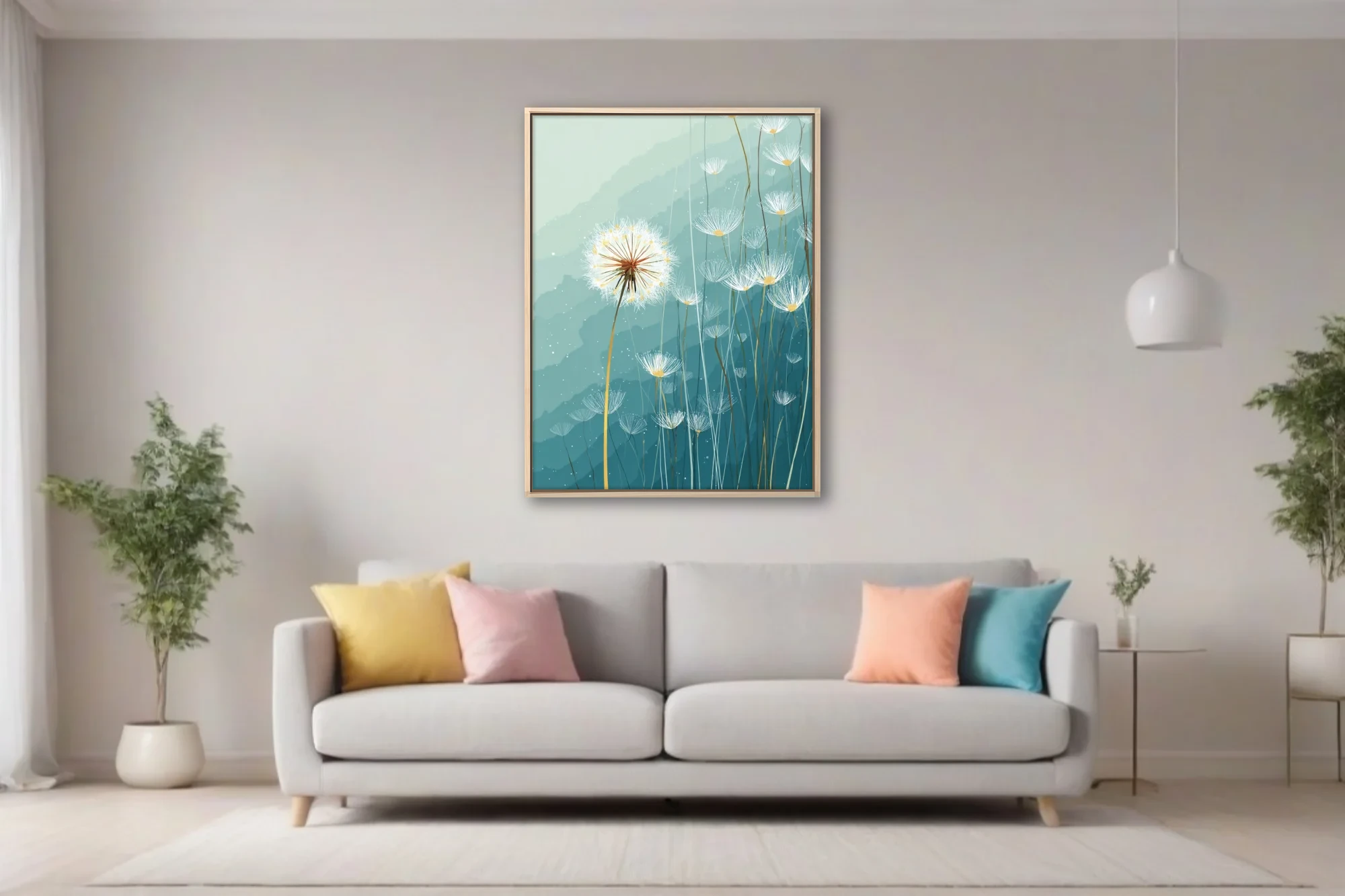 Abstract dandelion seed heads illustration, teal watercolor-style washes, delicate white linework