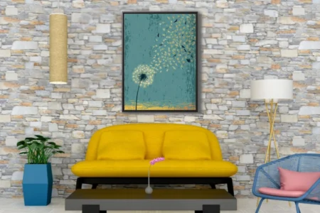 Vintage poster-style dandelion seeds and birds drifting on teal and gold