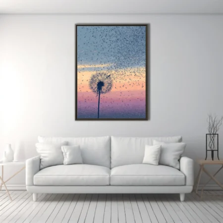 Minimalist dandelion silhouette with seeds drifting across pastel sunset sky