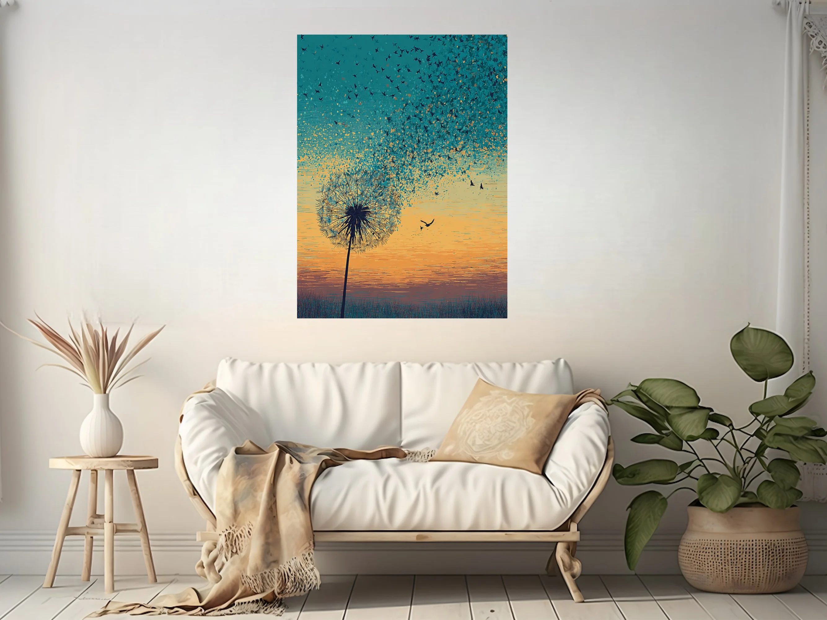 Teal and amber graphic dandelion with seeds transforming into flying birds at sunset