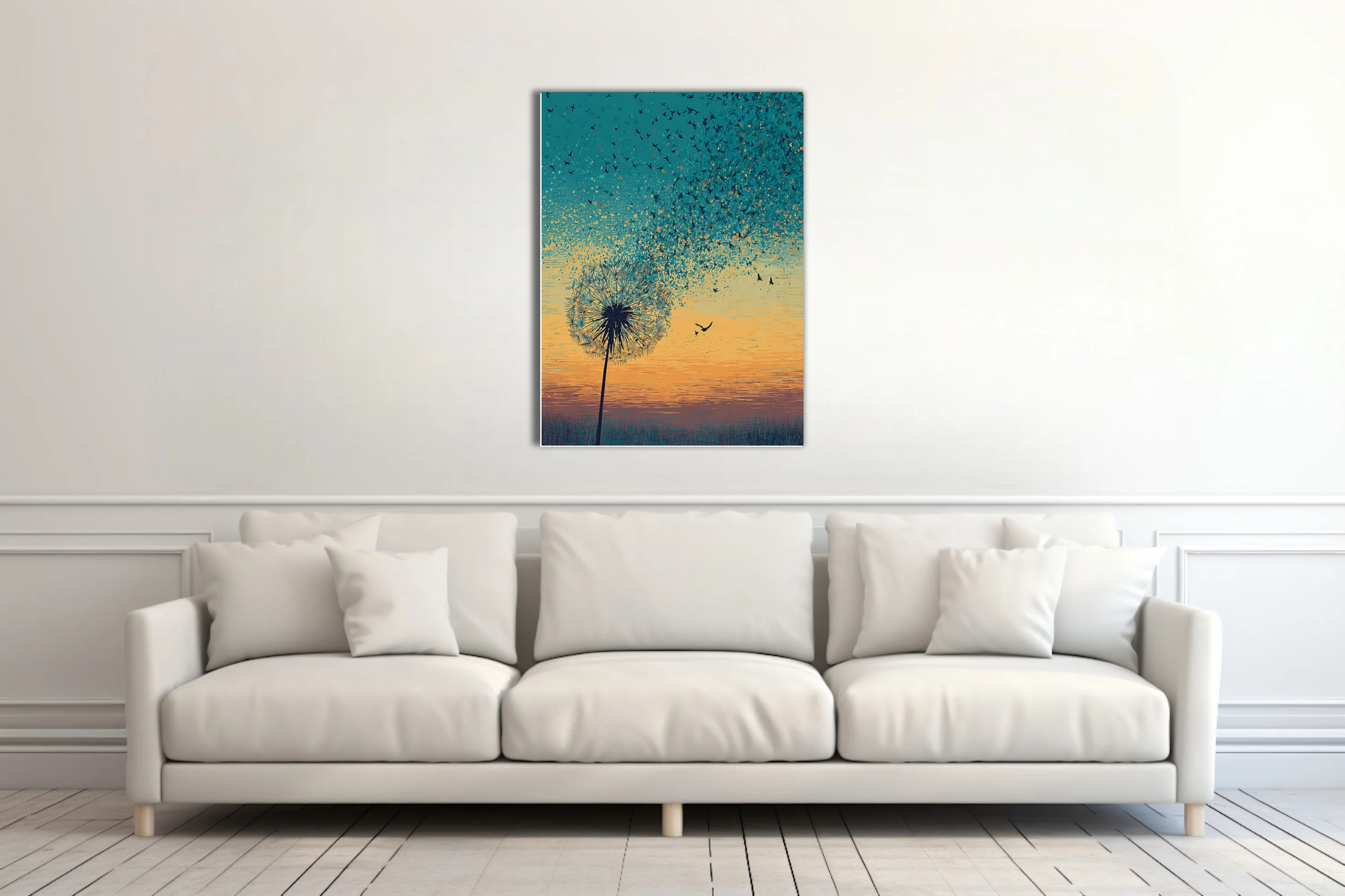 Teal and amber graphic dandelion with seeds transforming into flying birds at sunset