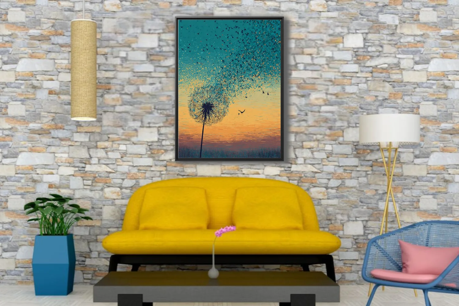 Teal and amber graphic dandelion with seeds transforming into flying birds at sunset