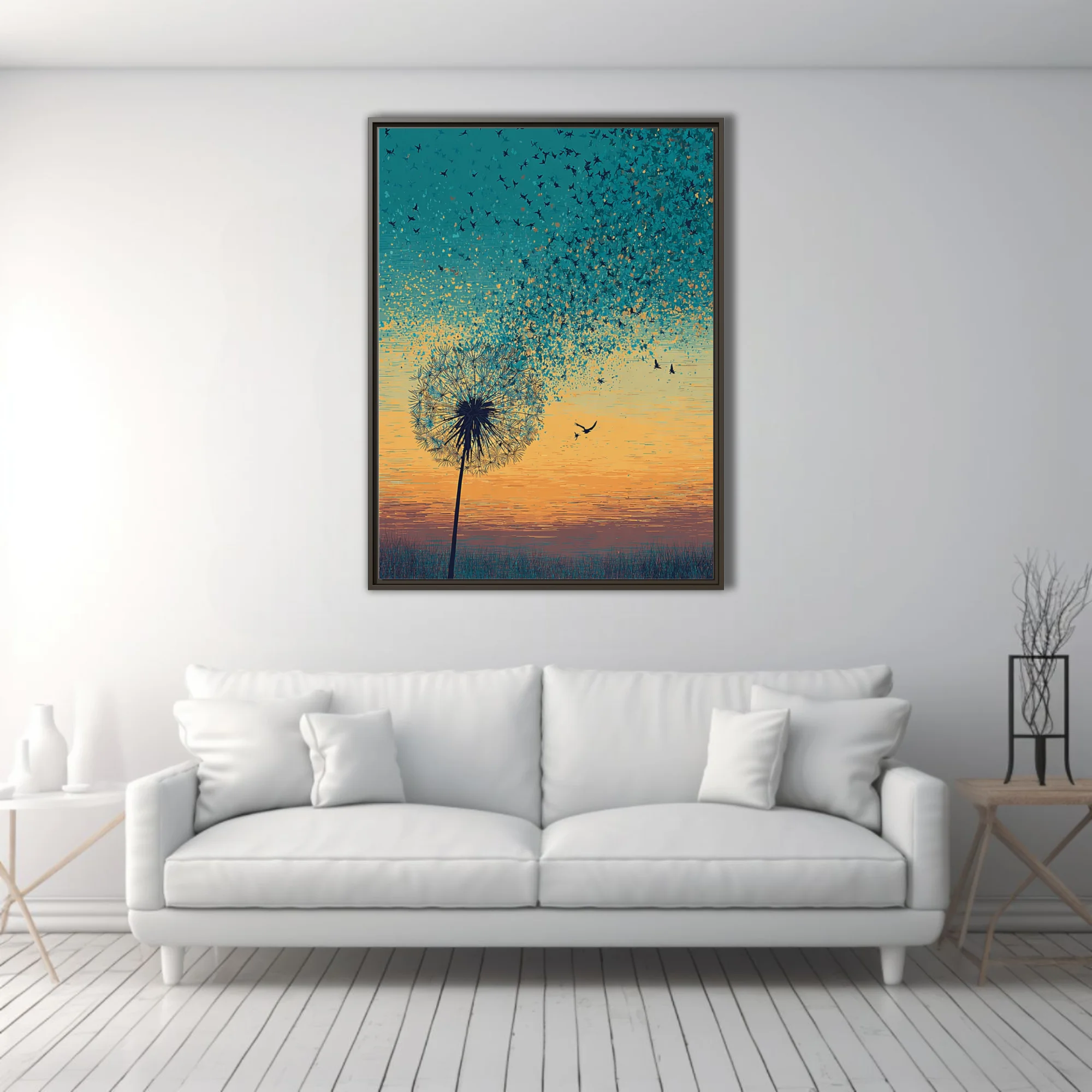 Teal and amber graphic dandelion with seeds transforming into flying birds at sunset