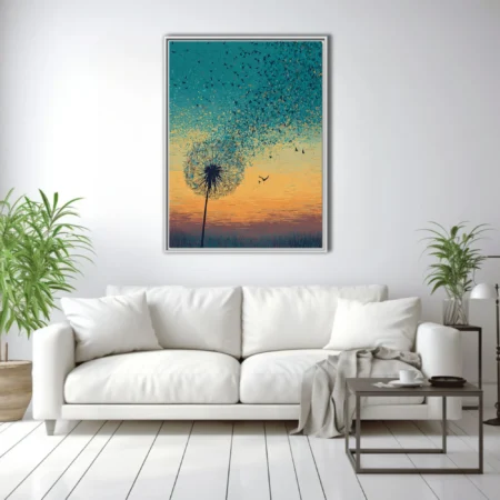 Teal and amber graphic dandelion with seeds transforming into flying birds at sunset