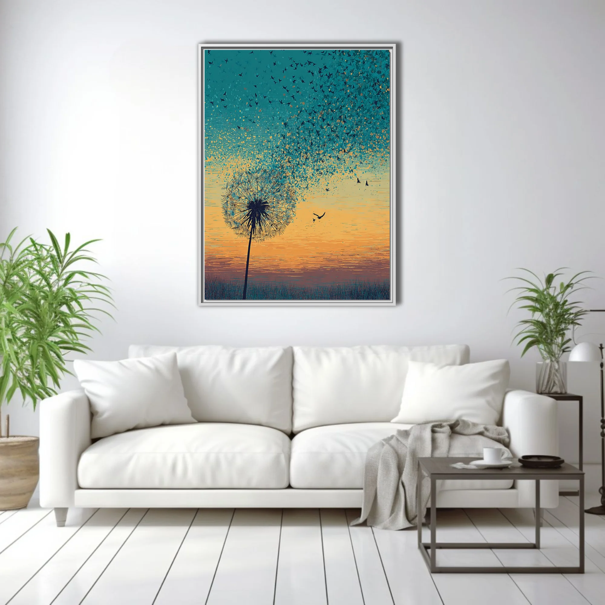 Teal and amber graphic dandelion with seeds transforming into flying birds at sunset
