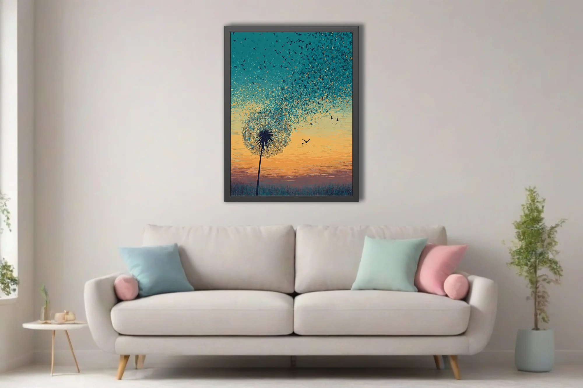 Teal and amber graphic dandelion with seeds transforming into flying birds at sunset