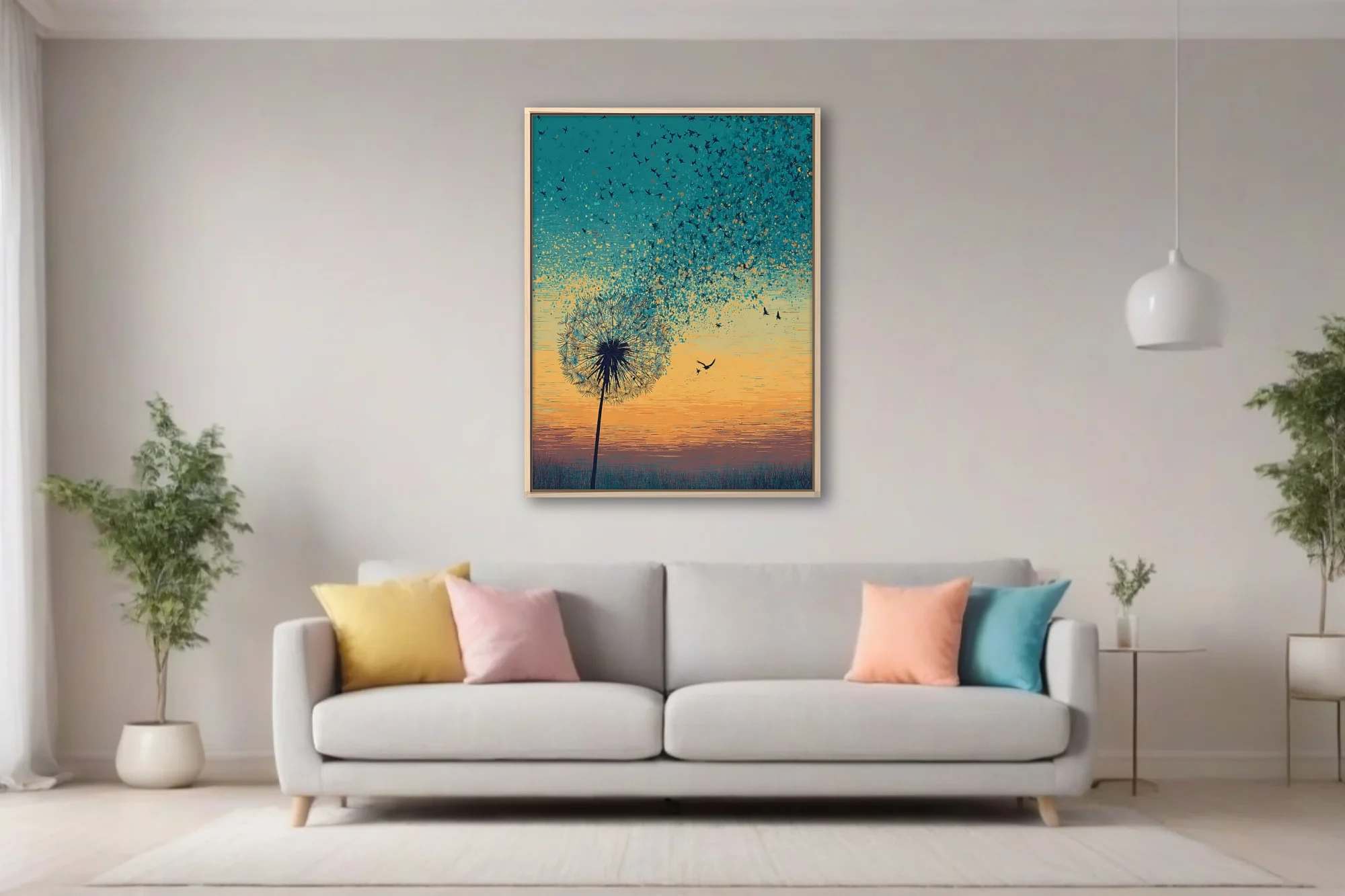 Teal and amber graphic dandelion with seeds transforming into flying birds at sunset