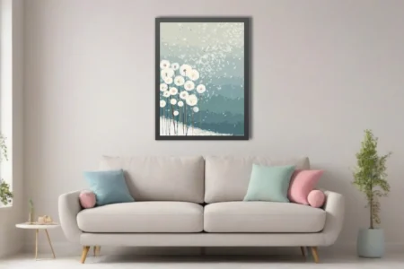 Abstract dandelion seed illustration, blue-grey watercolor-style, seeds drifting in wind