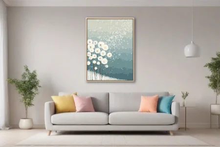 Abstract dandelion seed illustration, blue-grey watercolor-style, seeds drifting in wind