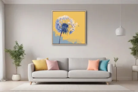Bold graphic dandelion clock in blue tones on golden yellow background