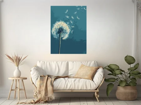 Abstract dandelion seedhead with seeds drifting on teal background, painterly illustration