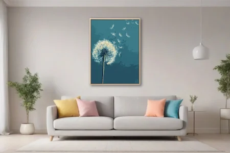 Abstract dandelion seedhead with seeds drifting on teal background, painterly illustration