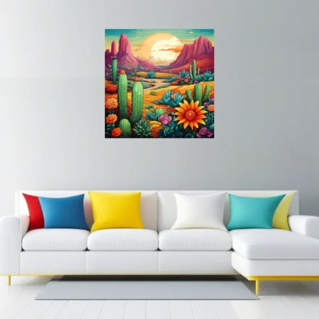 Bold graphic Southwestern desert scene with cacti, wildflowers, and mesa formations in saturated colors