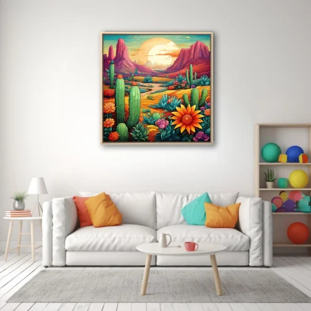 Bold graphic Southwestern desert scene with cacti, wildflowers, and mesa formations in saturated colors