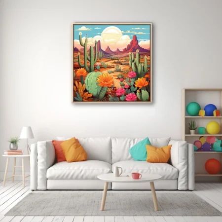 Cartoon-style desert landscape with flowering cacti, red rock formations, and vibrant warm palette