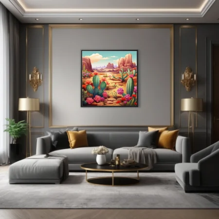 Cartoon-style desert landscape with blooming cacti and vibrant flowers, warm ochre and teal palette