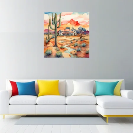 Watercolor-style Southwest desert landscape with saguaro cacti, adobe house, and sunset sky