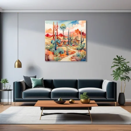Colorful Southwestern desert watercolor-style landscape with cacti, adobe homes, and mesa formations