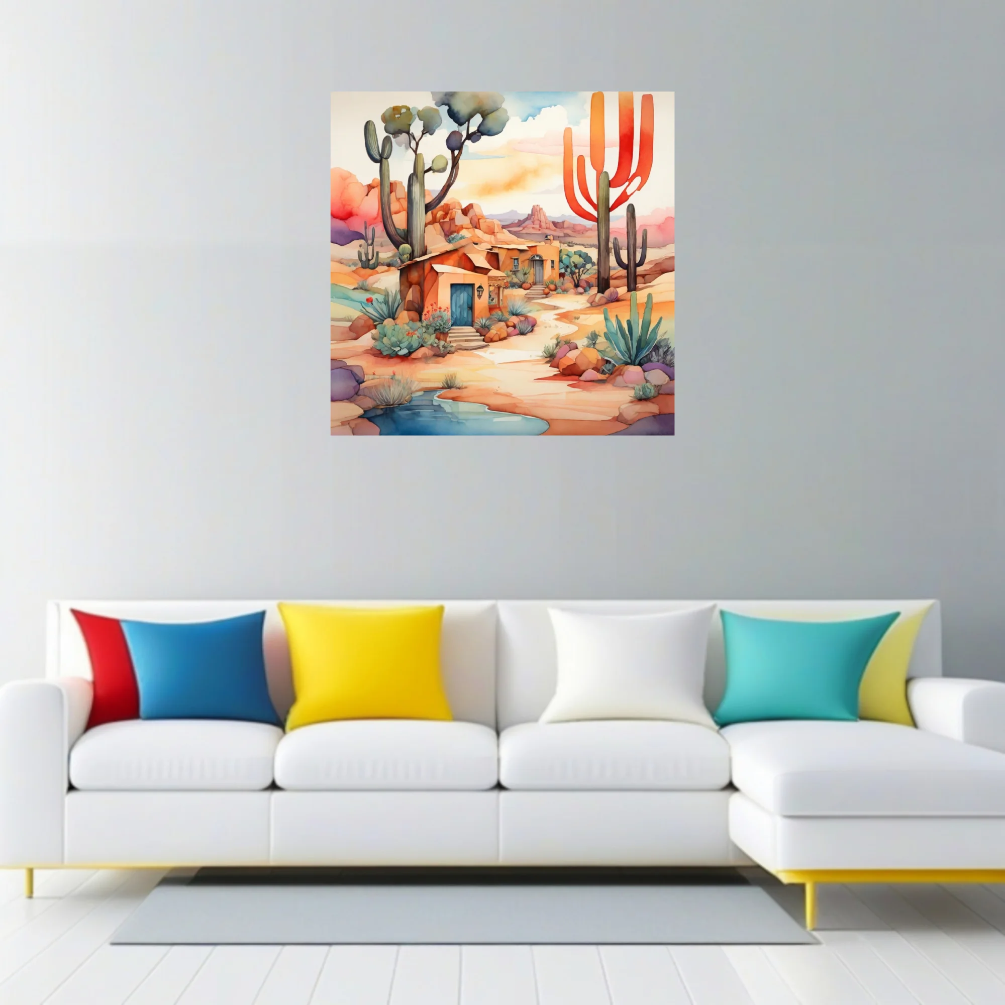Vibrant watercolor-style Southwestern desert landscape with adobe structures and cacti