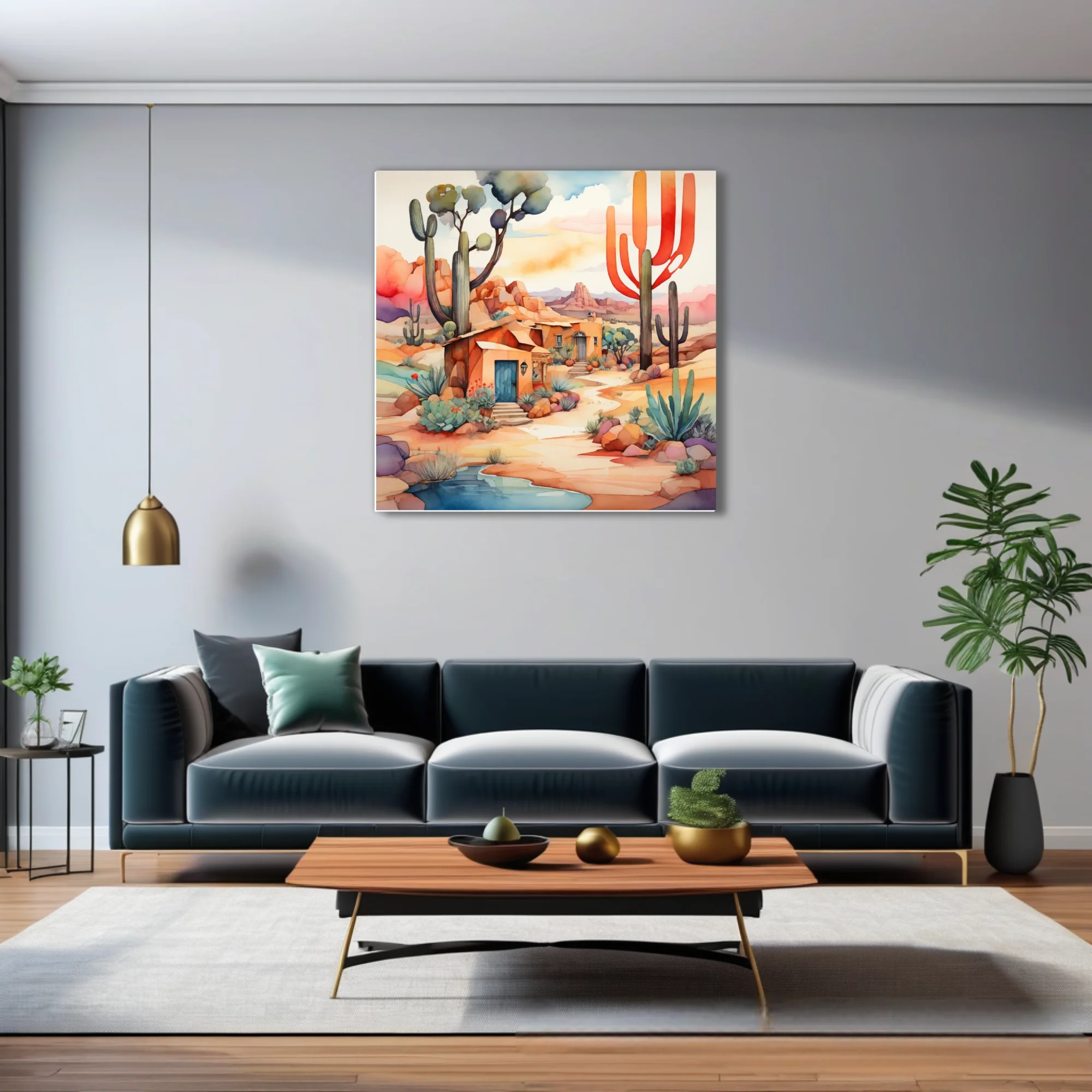 Vibrant watercolor-style Southwestern desert landscape with adobe structures and cacti