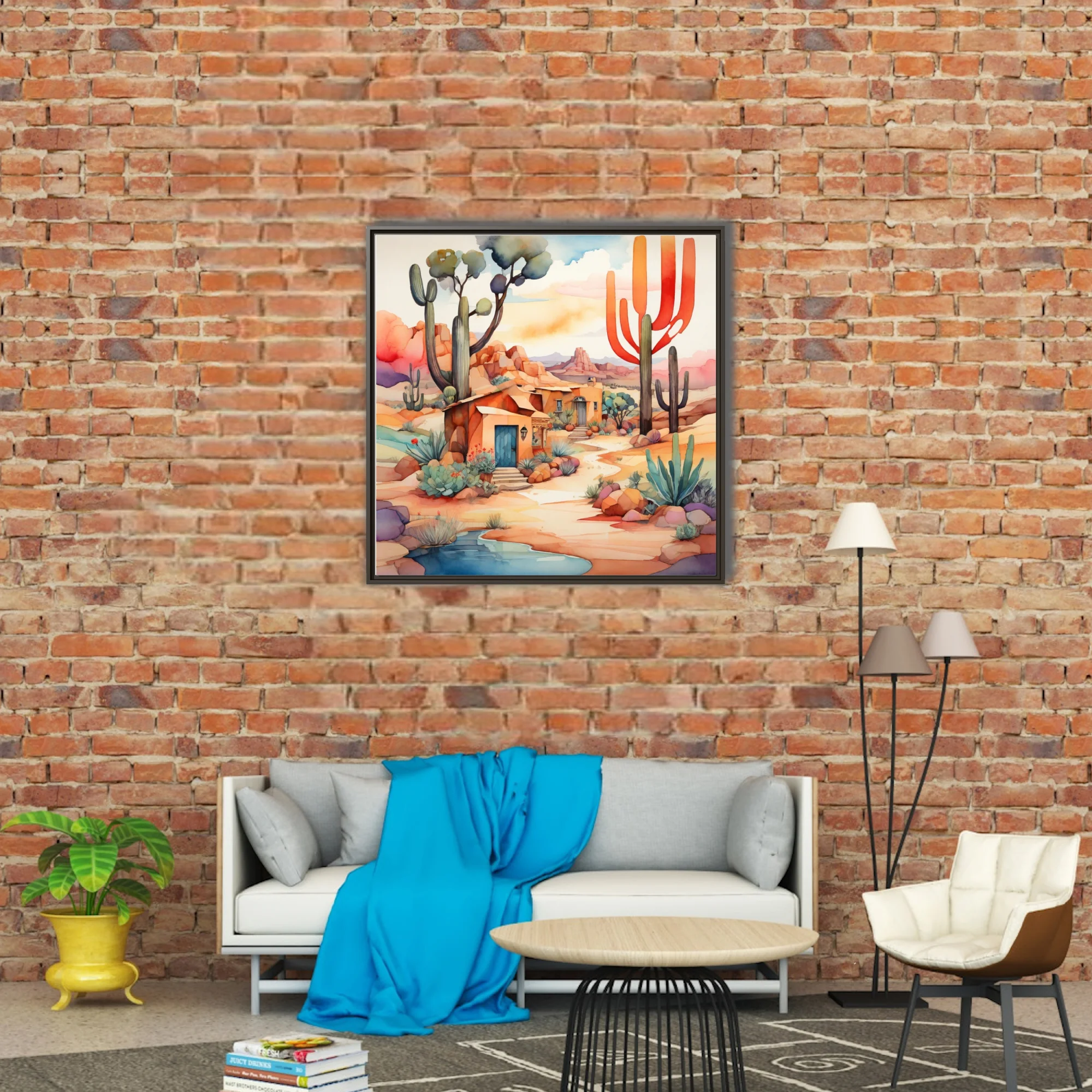 Vibrant watercolor-style Southwestern desert landscape with adobe structures and cacti