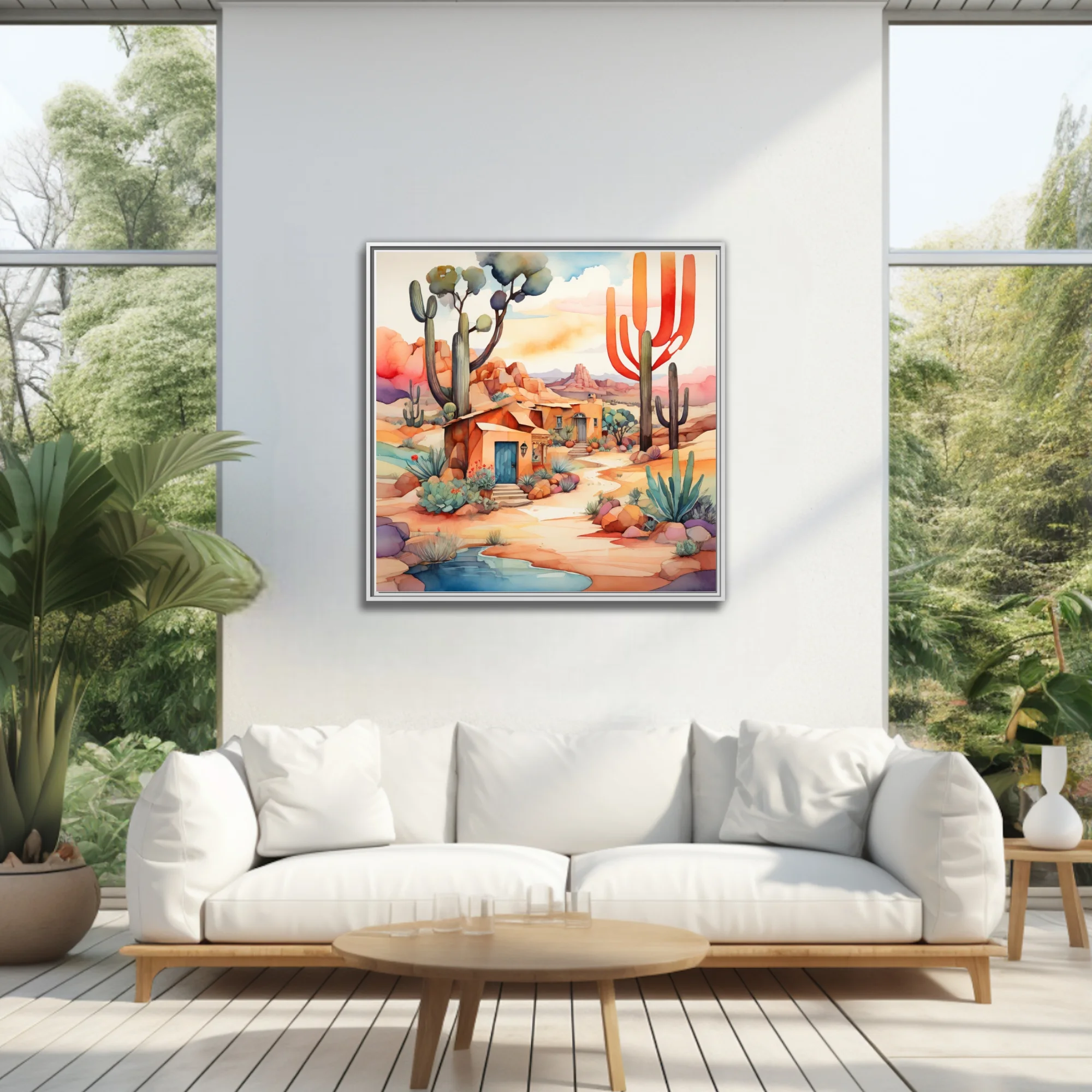 Vibrant watercolor-style Southwestern desert landscape with adobe structures and cacti